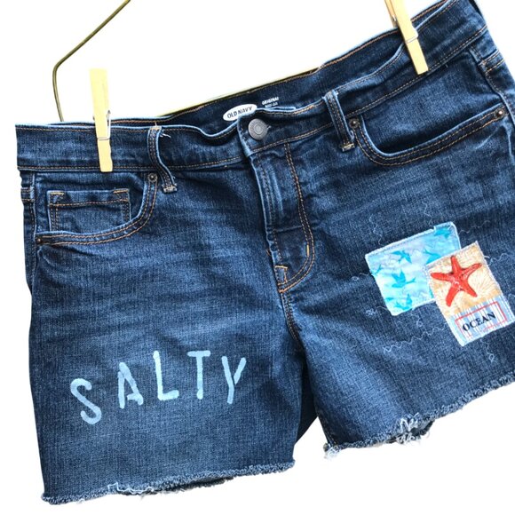 Upcycled Old Navy Cutoff Jean Shorts, Patchwork Painted Ocean, Size 8 Junior - Picture 4 of 10